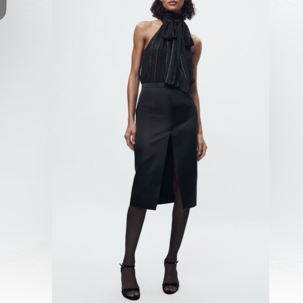 Zara Pencil Skirt Satin Effect Slit Front Black Hi Rise Women’s M New 9152/662